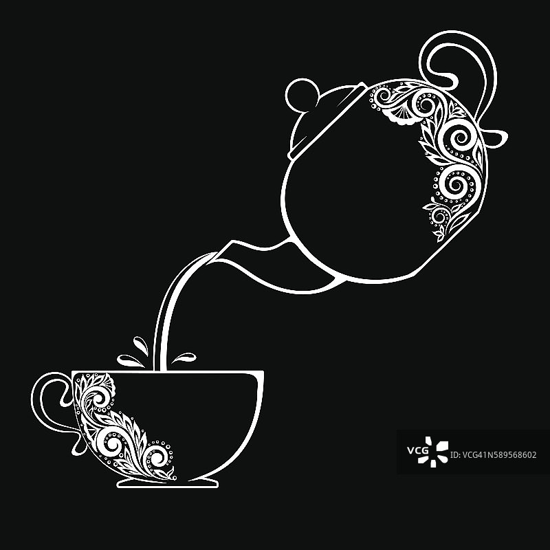 茶杯和茶壶的黑白轮廓。图片素材