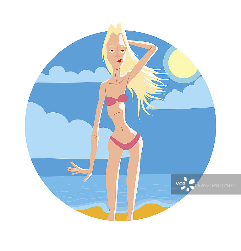 身材圆圆的，海滩上一个很瘦的女人图片素材