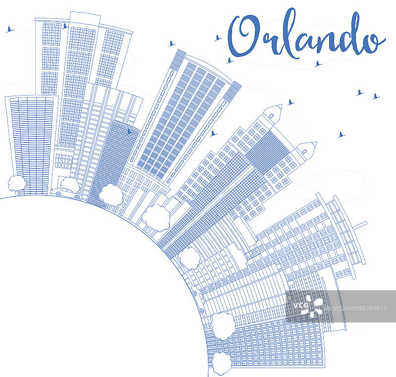 用蓝色建筑和复制空间勾勒奥兰多的天际线。图片素材