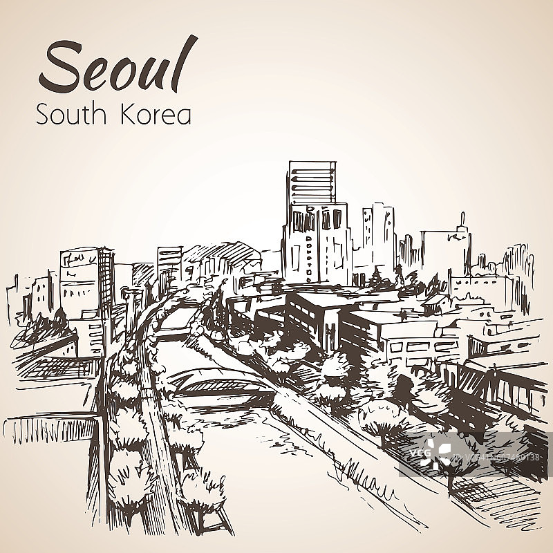 首尔城市景观，手绘-韩国。草图。图片素材