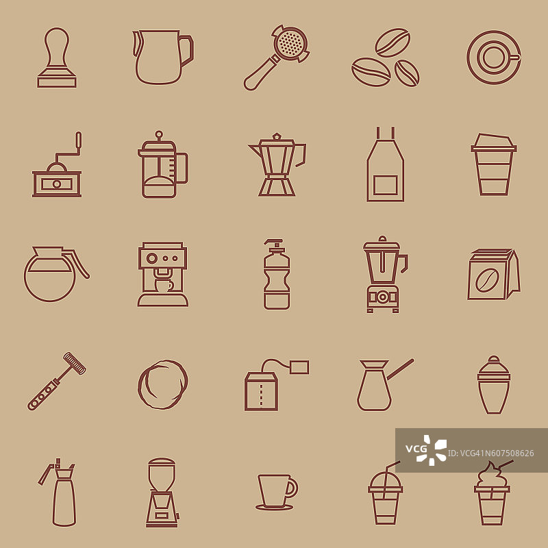 咖啡师线颜色图标在棕色的背景图片素材