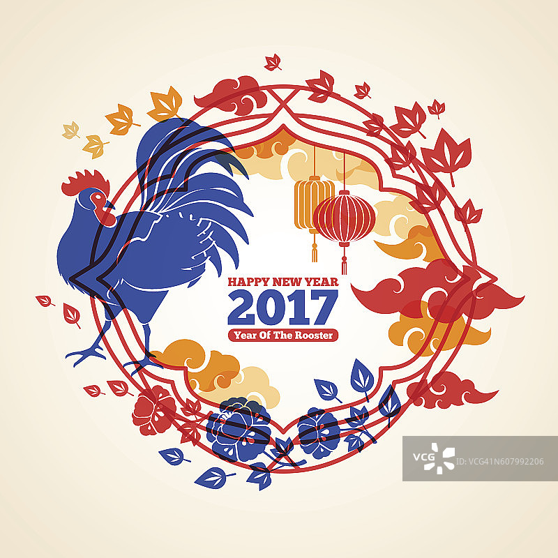 中国新年创意框架与蓝公鸡图片素材