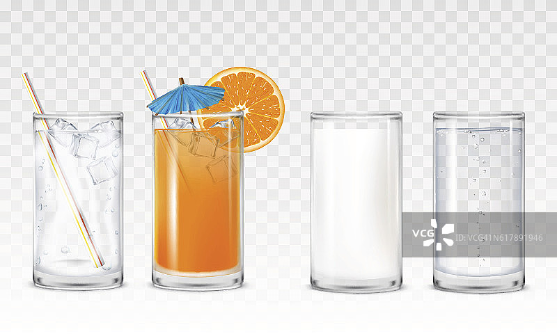 设置图标杯与水，果汁和牛奶图片素材