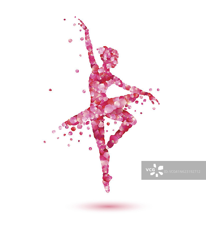 粉色玫瑰花瓣的芭蕾舞女演员剪影图片素材