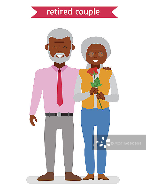退休的夫妇。平面矢量卡通人物设计。非洲是图片素材