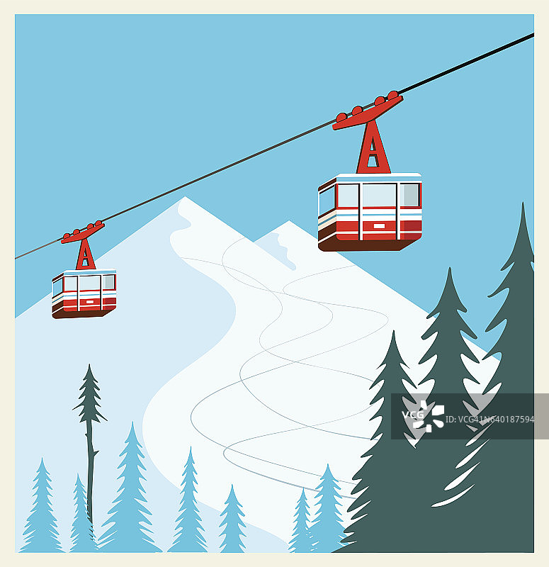 复古冬季卡通背景，海报。红色滑雪缆车移动图片素材