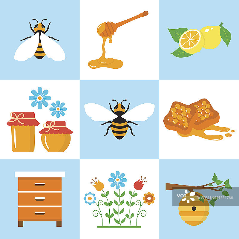 养蜂矢量平面图标设置图片素材