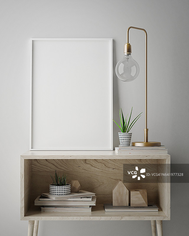 模拟海报框架在时髦的室内背景，斯堪的纳维亚风格，3D渲染图片素材