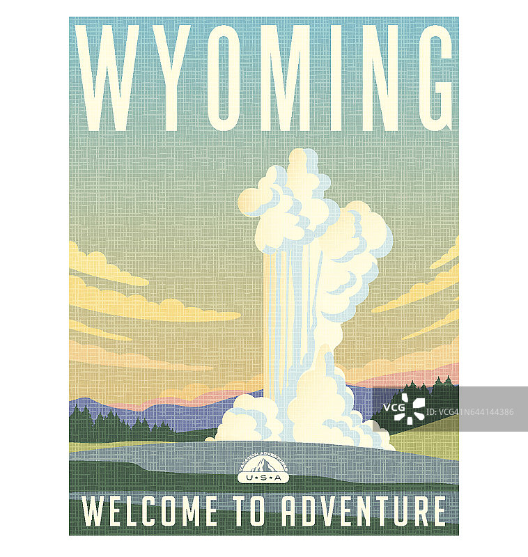 怀俄明州旅游海报或贴纸。水和蒸汽从间歇泉喷发的矢量图。图片素材