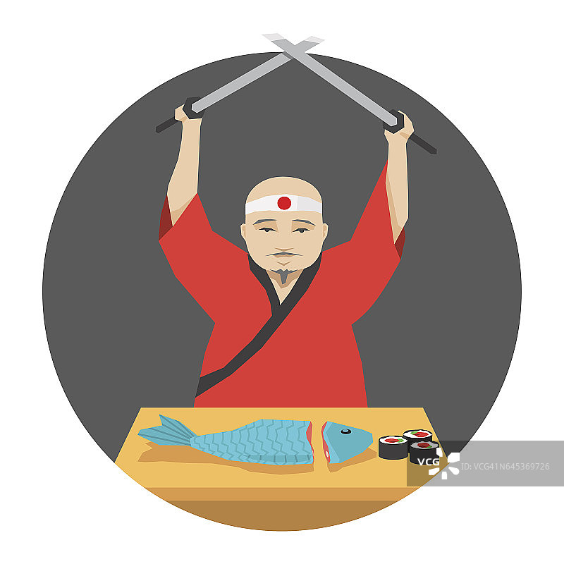 穿着和服的日本厨师用两个武士刀烹饪鱼寿司图片素材