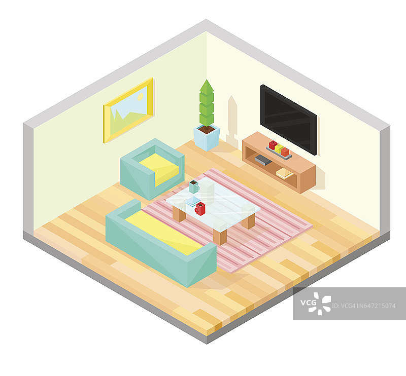 客厅的等距设计有桌子，电视，扶手椅，沙发，植物，绘画和地毯。矢量插图。图片素材