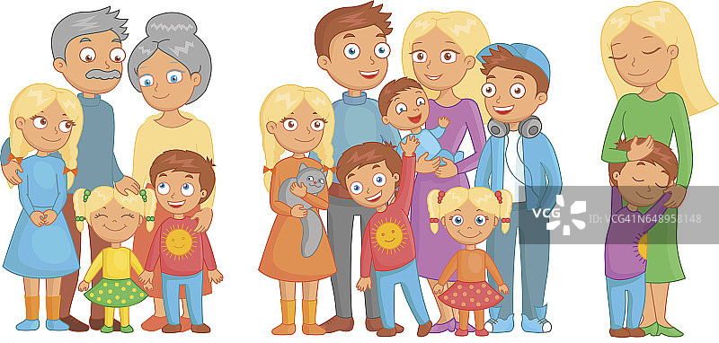 一个由父亲、母亲、祖母、祖父、女儿、儿子和猫组成的快乐的大家庭，一起摆姿势。滑稽明亮的卡通人物。矢量插图。图片素材