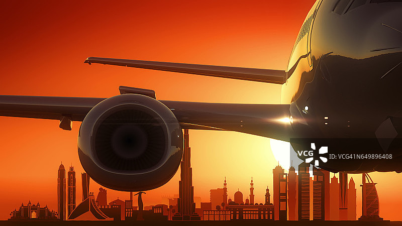 迪拜OAE飞机起飞天际线金色背景图片素材