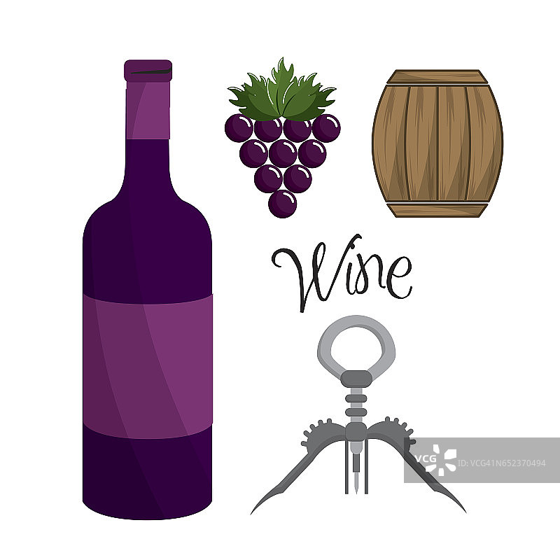 瓶子里的葡萄酒，葡萄，木桶和拿出软木塞图片素材