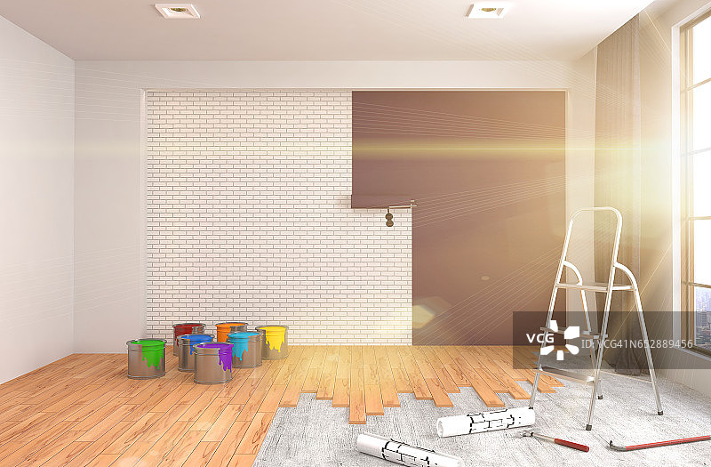 修理和粉刷房间的墙壁。3 d演示。图片素材