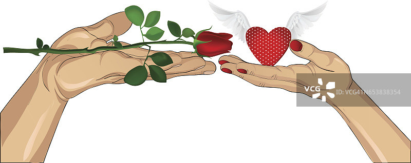一个男人和一个女人的手被拉进彼此的手中一个有翅膀和花玫瑰的心。现在的瓦伦汀娜或婚礼。贺卡与您的广告或文本的空白空间。矢量插图孤立在蓝色背景图片素材