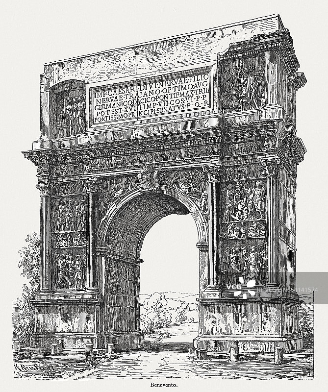 图拉真拱门，意大利贝内文托，木刻，1884年出版图片素材