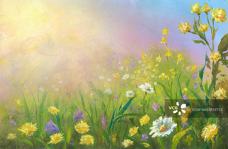 草地开花，水彩画图片素材