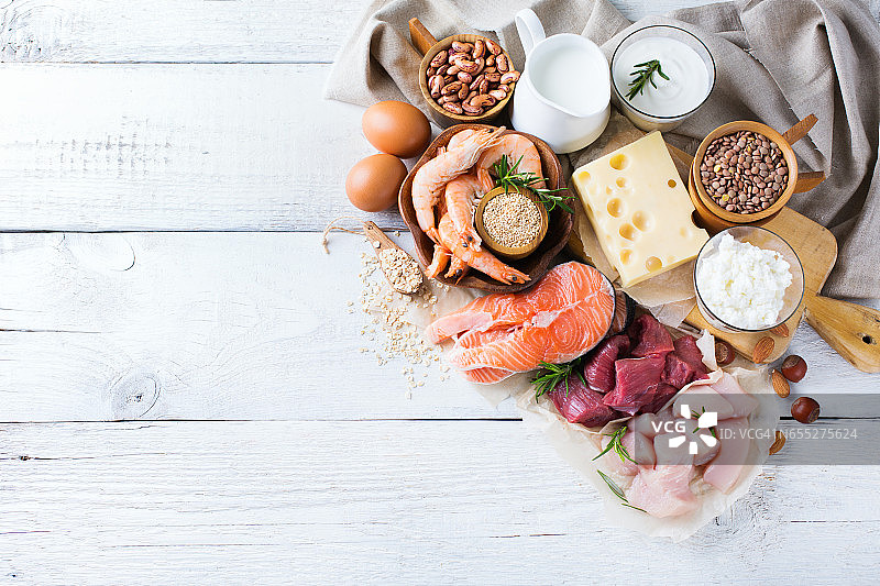 健康蛋白质来源和健身食物的分类图片素材