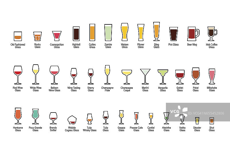 酒吧玻璃器皿与标题，颜色图标集图片素材