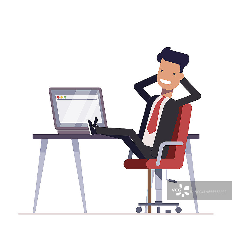 商人或经理坐在椅子上，脚放在桌子上。成功的人在办公室休息。矢量插图。图片素材