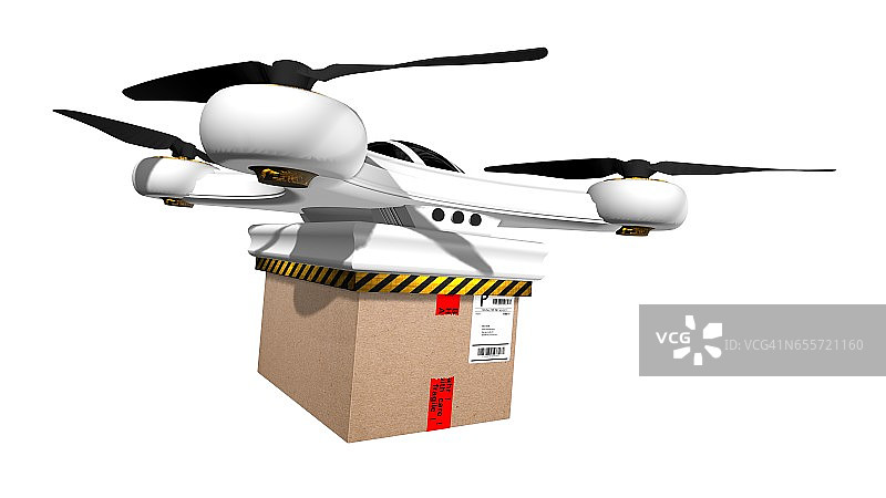 无人机Quadrocopter递送包裹-隔离白色图片素材