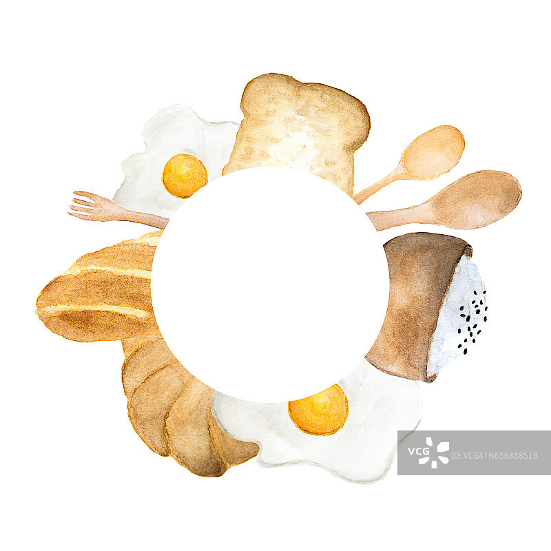 手绘早餐圈框架插图。面包，煎蛋和米饭在碗画图片素材