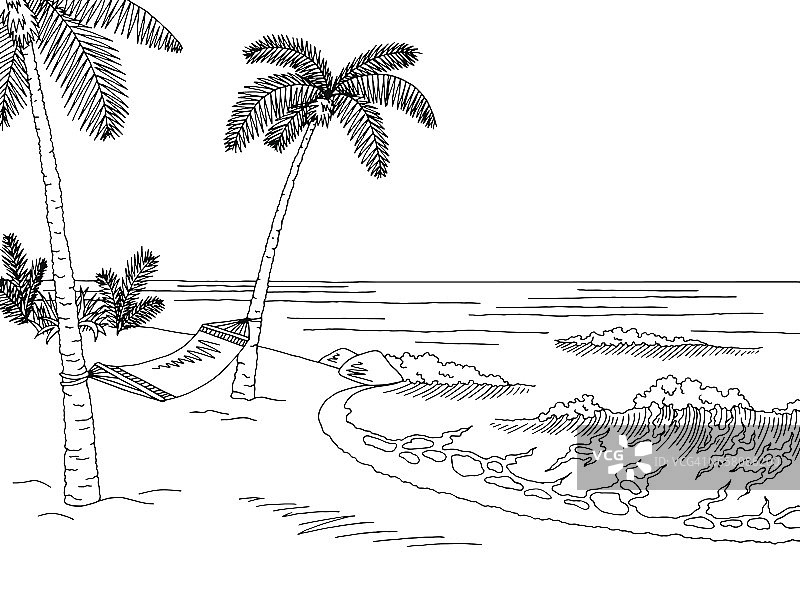 海岸吊床图形黑白景观素描插图向量图片素材