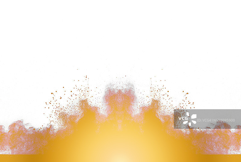 一团黄色和橙色的粉末颗粒在白色的背景上爆炸图片素材
