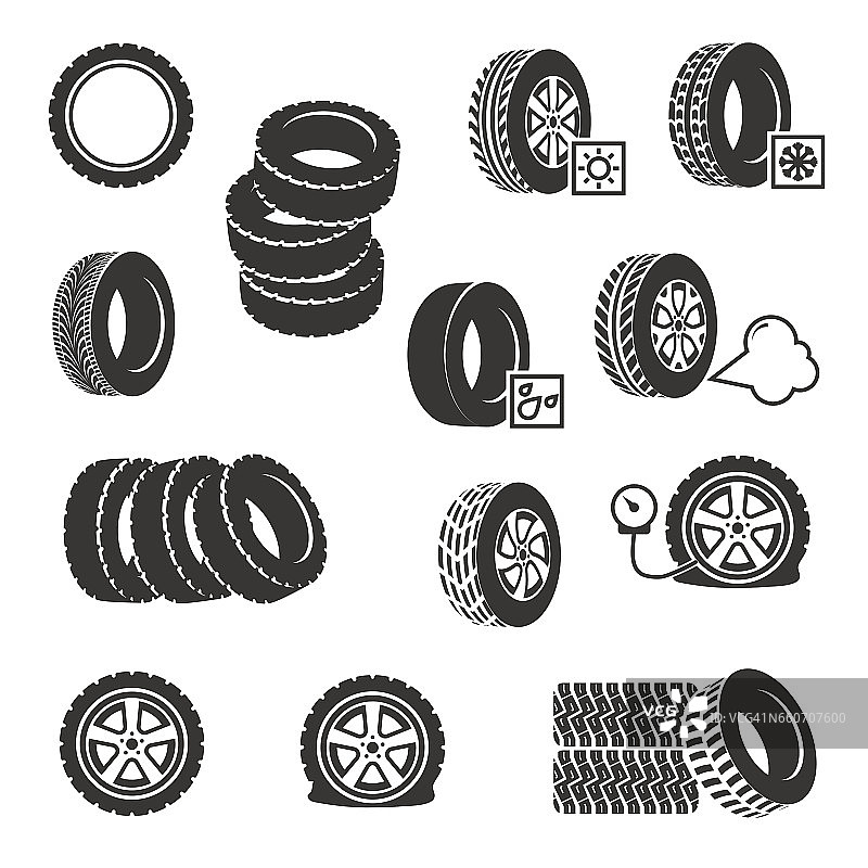 轮胎店，轮胎更换汽车服务向量图标设置图片素材