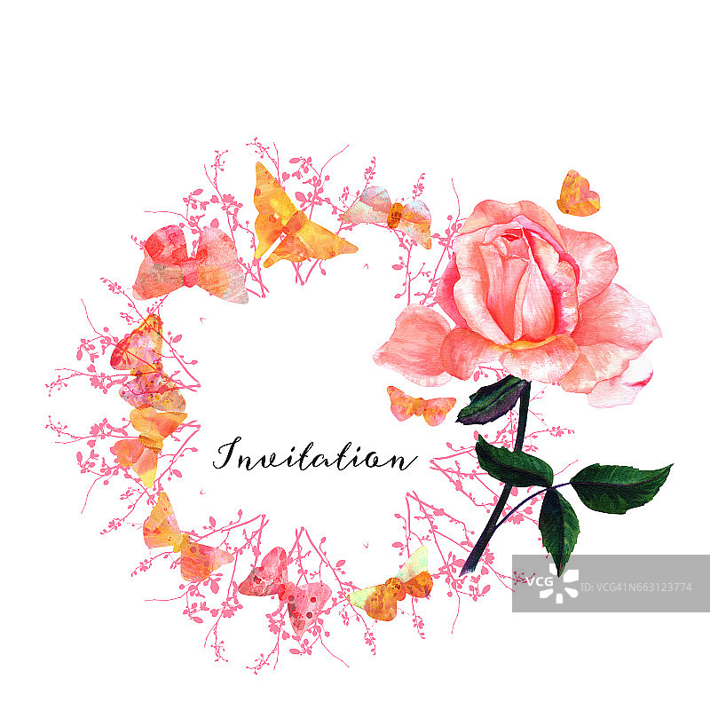 设计模板与水彩玫瑰，蝴蝶，和copyspace图片素材