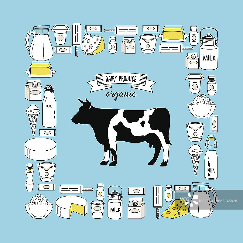 矢量插图。奶牛和奶制品集位于矩形。图片素材