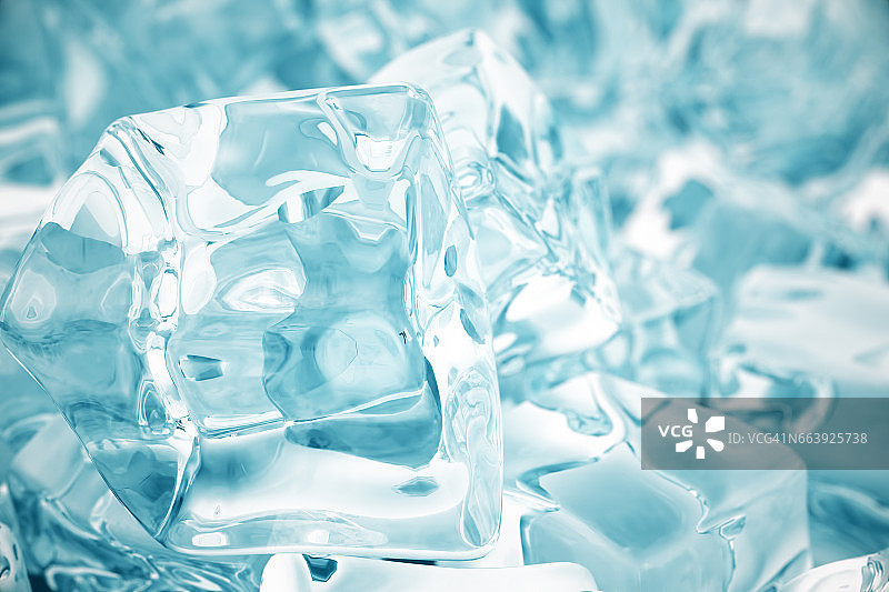 一堆冰块。具有景深的冰块背景。三维渲染图片素材