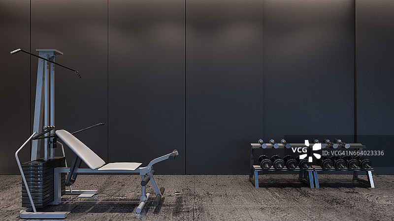 现代健身房与黑色墙壁/ 3D渲染图片素材