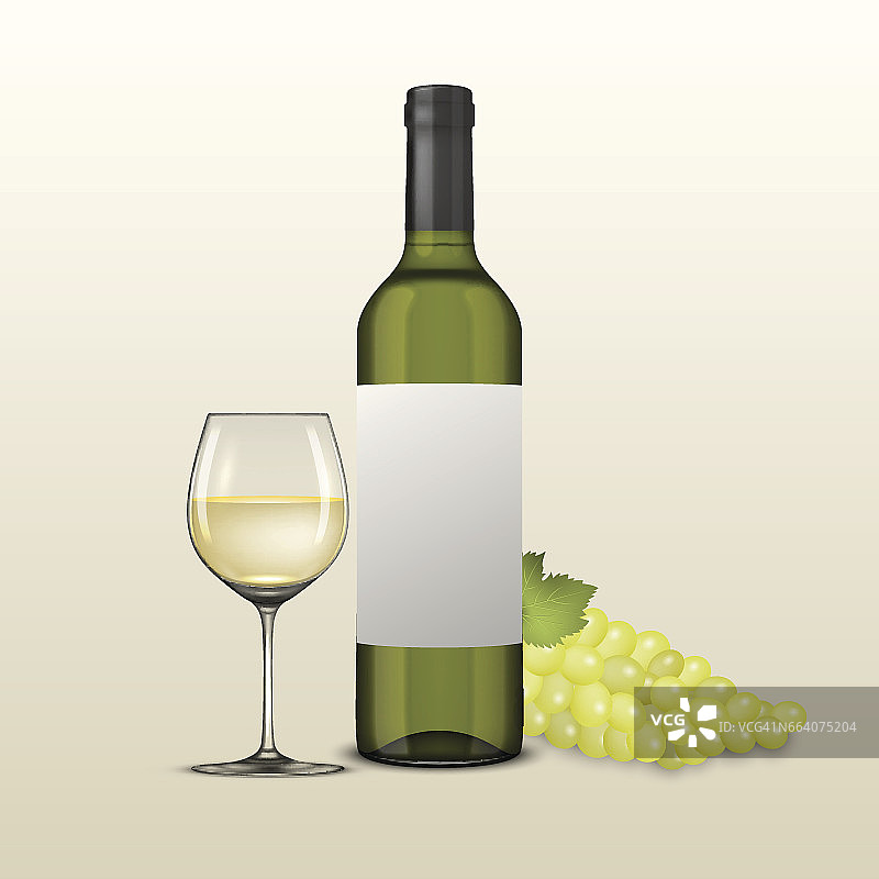 矢量现实葡萄早午餐，葡萄酒杯和白葡萄酒瓶插图。EPS10中的设计模板图片素材