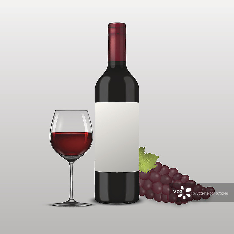 矢量现实葡萄早午餐，葡萄酒杯和红酒瓶插图。EPS10中的设计模板图片素材