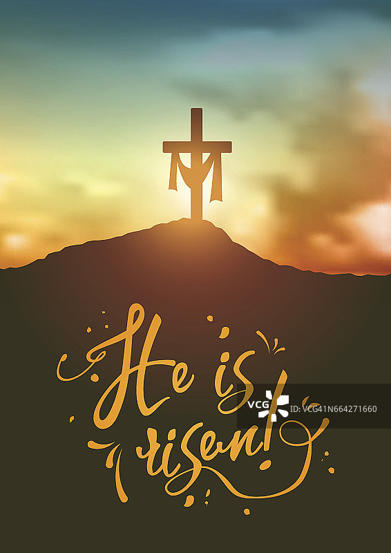 基督教复活节场景，救世主的十字架上戏剧性的日出场景，用文字说明他复活了图片素材