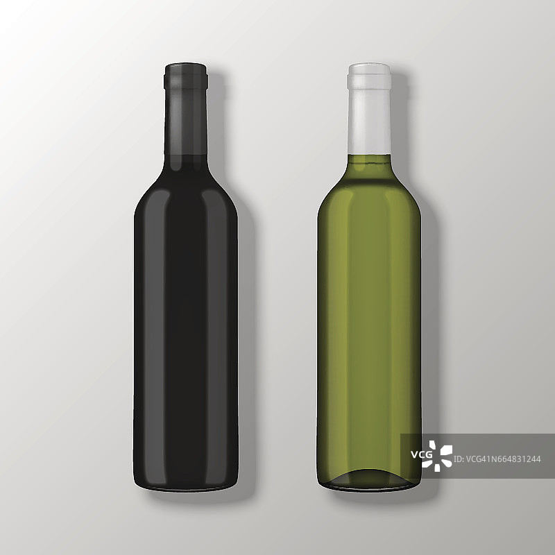 两个真实的矢量酒瓶在顶视图没有标签的灰色背景。EPS10中的设计模板图片素材