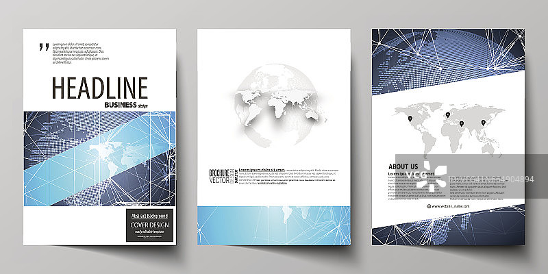 矢量插图的可编辑布局的三个A4格式现代封面设计模板的小册子，杂志，传单，小册子。抽象的全球设计。化学模式，分子结构图片素材