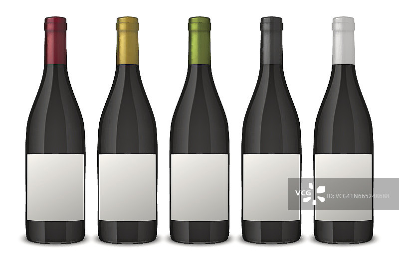 5个真实的向量黑色酒瓶与白色标签孤立在白色背景。EPS10中的设计模板图片素材