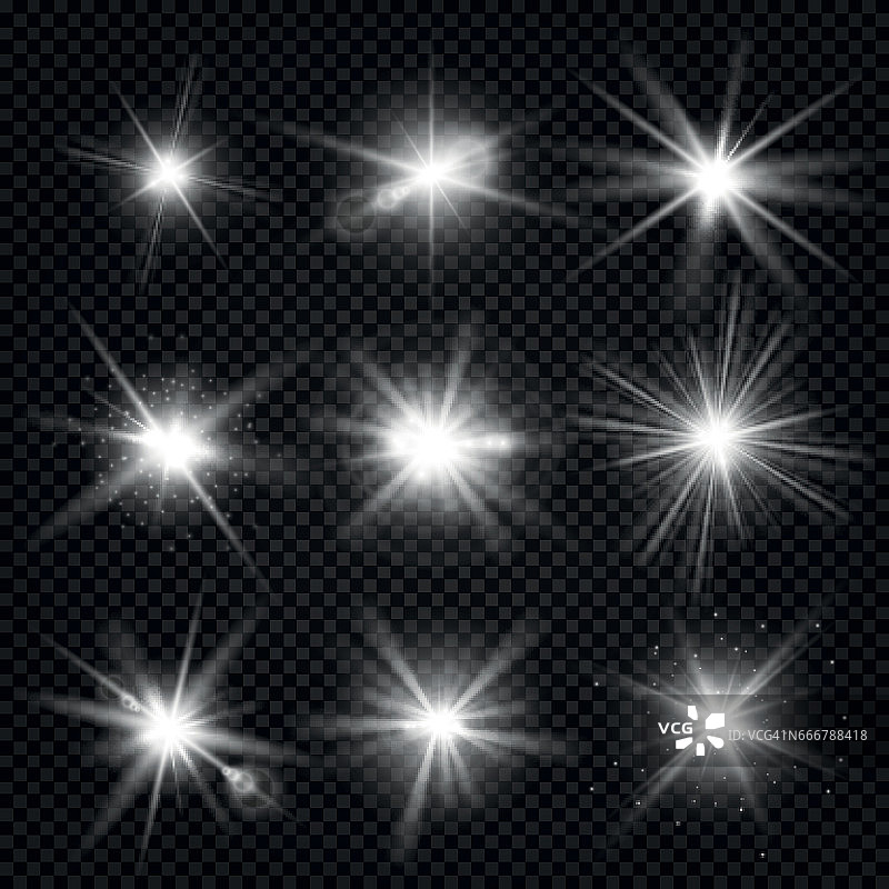 矢量白色爆发射线，发光的光，星星爆发与闪光孤立在透明的背景图片素材