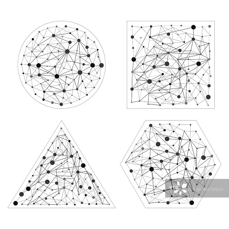 线框连接设置。六角形，球面，三角形，带有点和线的正方形。连接的概念图片素材