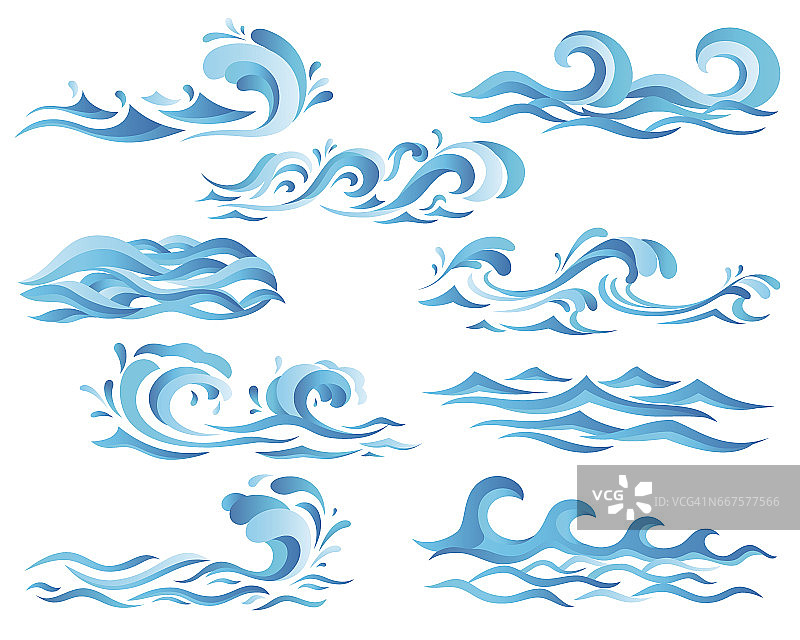 装饰性的蓝色海浪和海浪图标与卷发强大的水流，飞溅和白色泡沫帽。可用于自然、海洋旅行或旅行主题图片素材