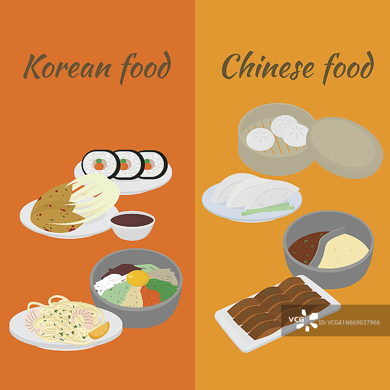 集韩式和中式餐饮平面设计元素。亚洲街头美食菜单。传统菜肴泡菜、饺子、面条和石锅拌饭。北京烤鸭，汤火锅。饺子、饺子和包子。图片素材