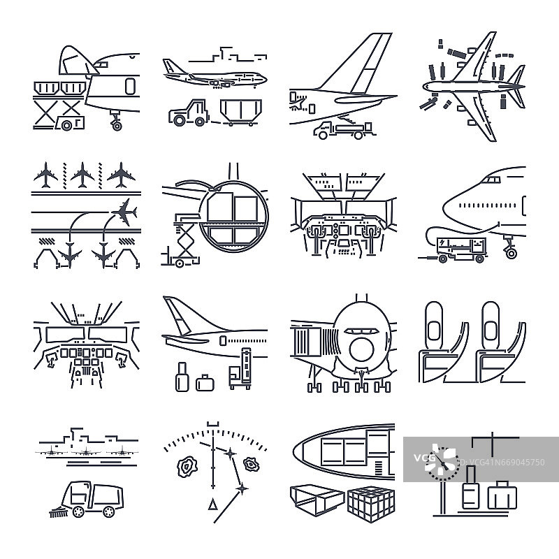 一套细线图标机场和飞机，货运，货物图片素材
