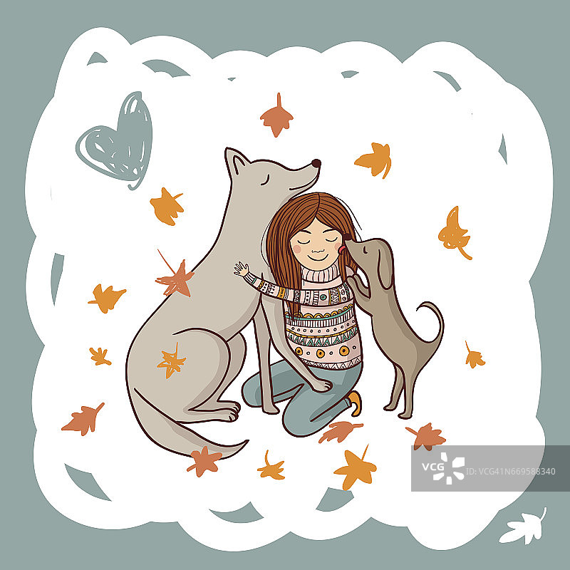 女孩与狗在秋天插图图片素材
