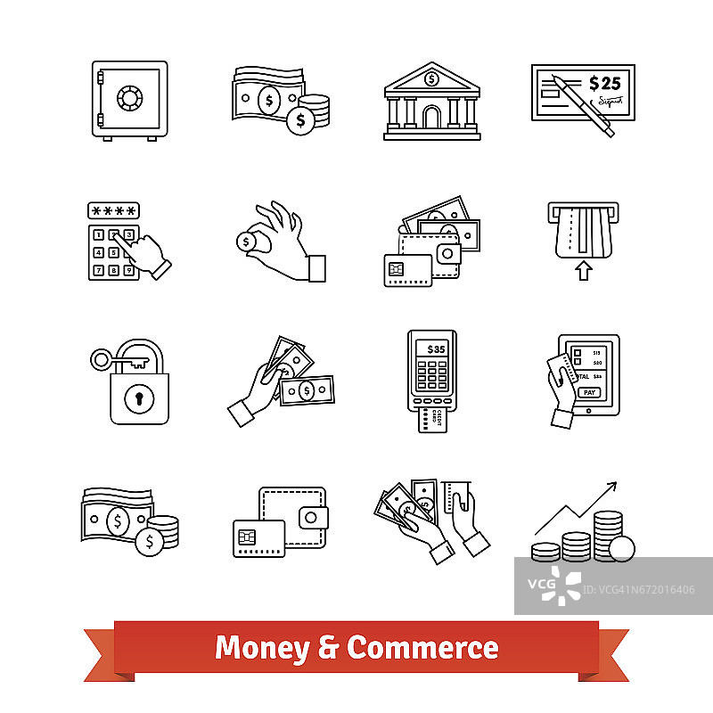 金钱和商业图标的细线设置图片素材