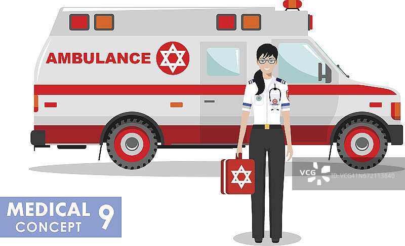 医学概念。详细说明的犹太紧急医生妇女和救护车在平坦的风格在白色的背景。矢量图图片素材