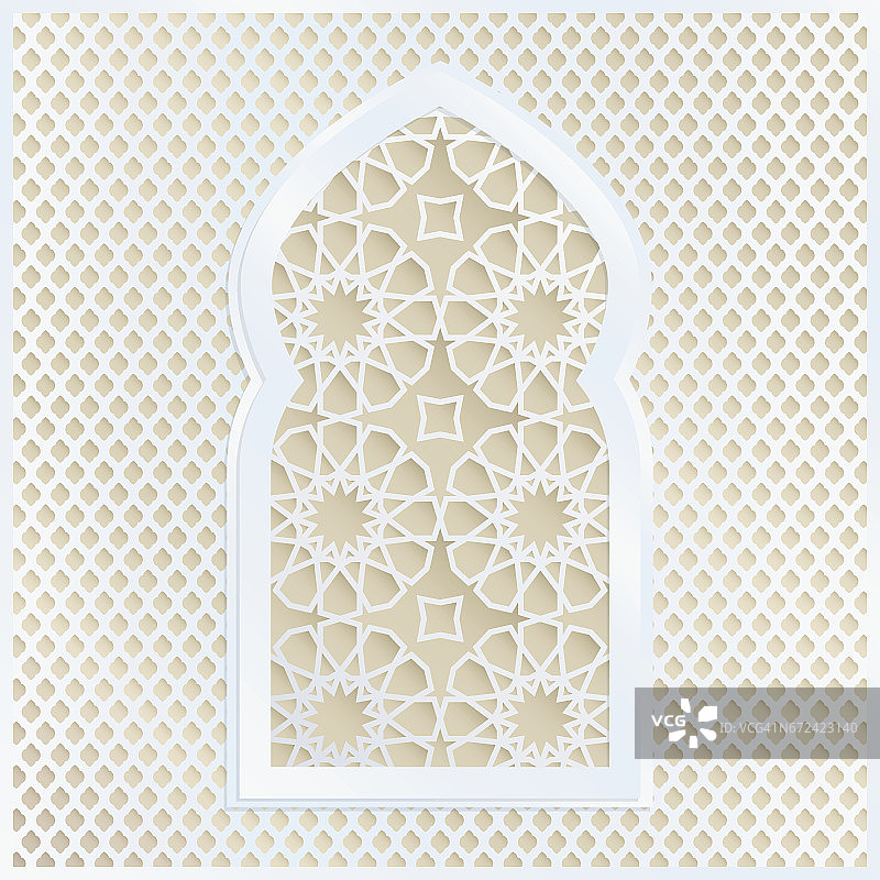 金色和白色的阿拉伯装饰清真寺窗户。矢量插图卡，邀请穆斯林社区圣月斋月卡里姆。现代几何背景，纸张艺术风格图片素材