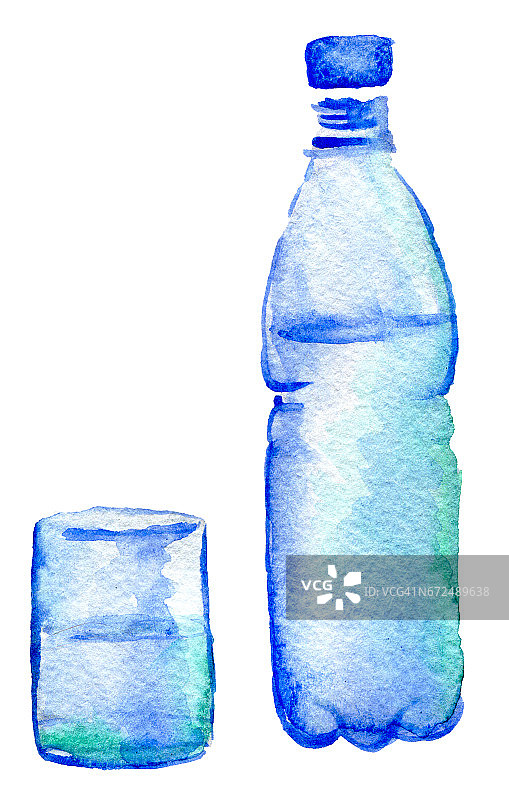 水彩素描瓶水和玻璃上的白色背景图片素材